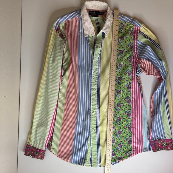 Ralph Lauren Mens VTG Patchwork Rainbow Colorblock Custom Fit Button Up Sz L - Picture 11 of 12